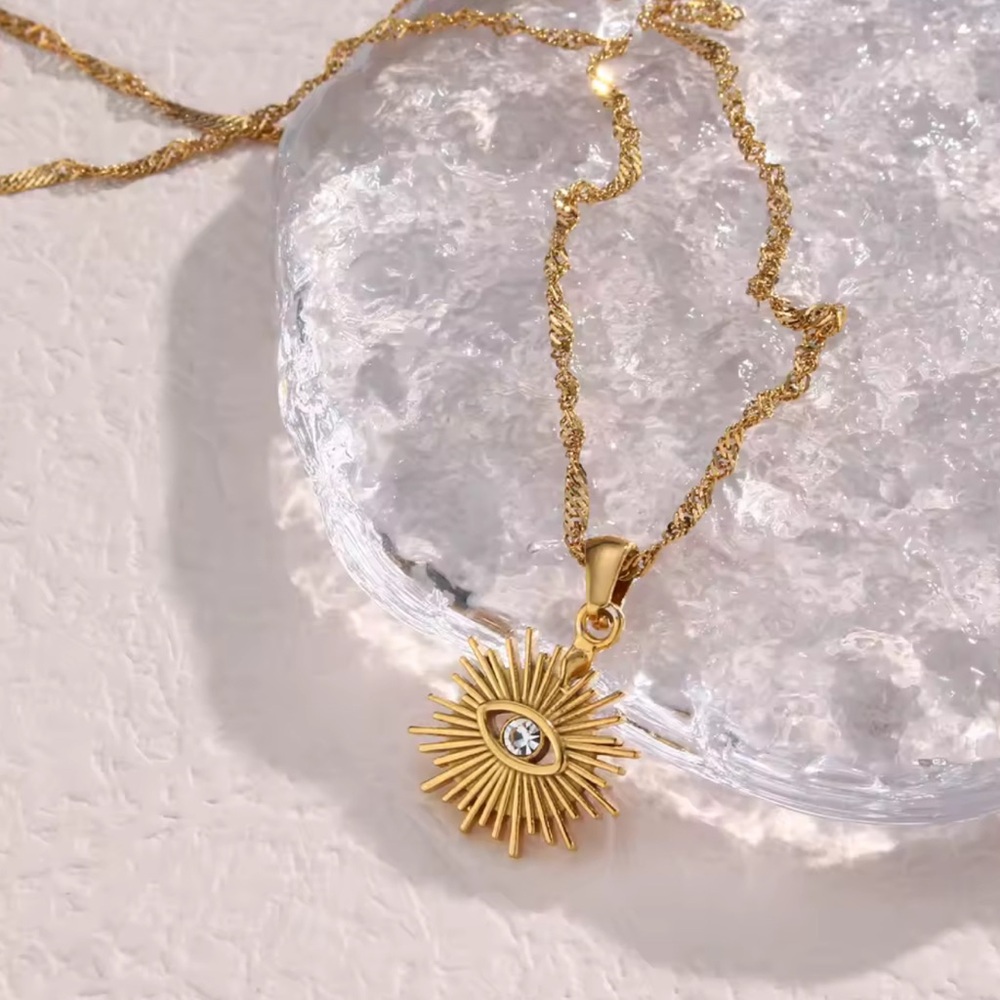 ElegantWater WaveChain Gold PlatedStainlessSteel SunlightZirconiaEvil EyePendant